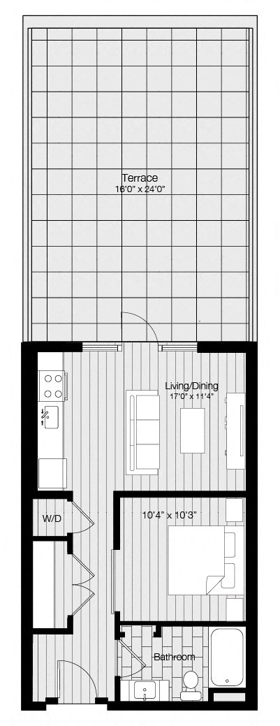 Floor plan for studio, 1 bath, 538 sqft